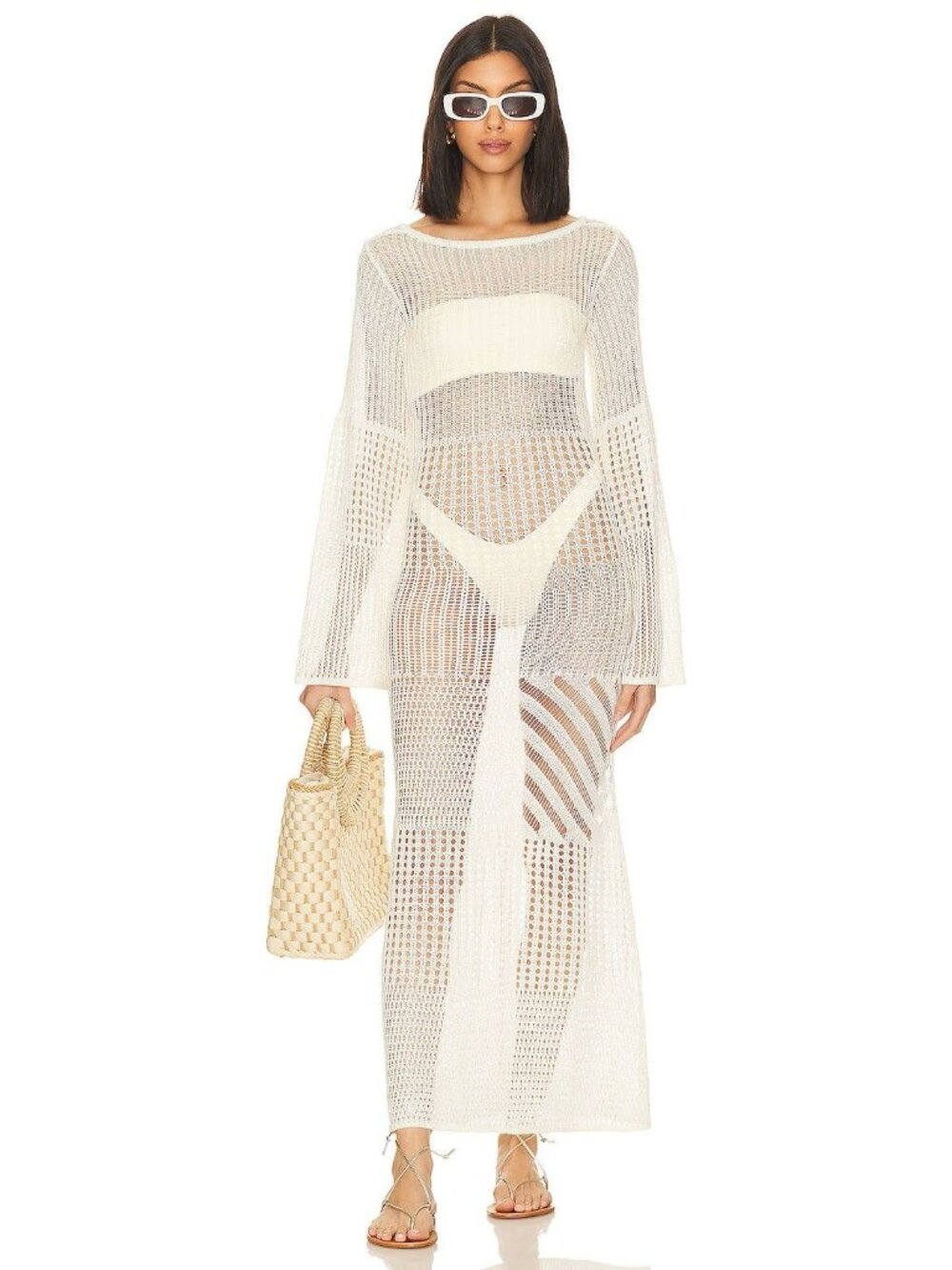 L'Academie Evea Maxi Knit Dress in White Medium New Womens Long Cover up